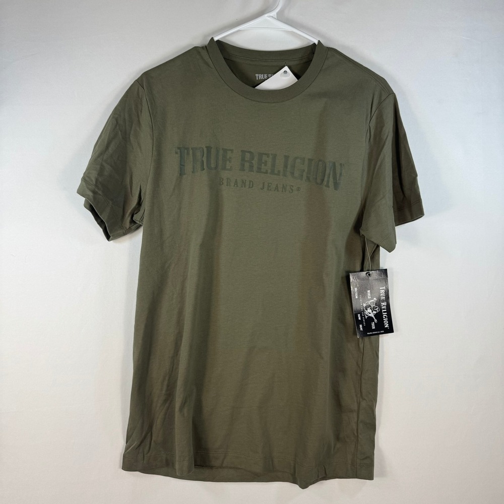 True Religion Mens SS TR Arch Crew T-Shirt Kalamata Olive Green Logo Small NEW
